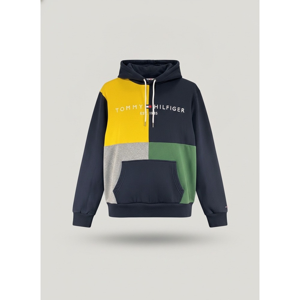Tommy Hilfiger Mens Colorblock Hoodie Navy Yellow Green Grey XL Pullover